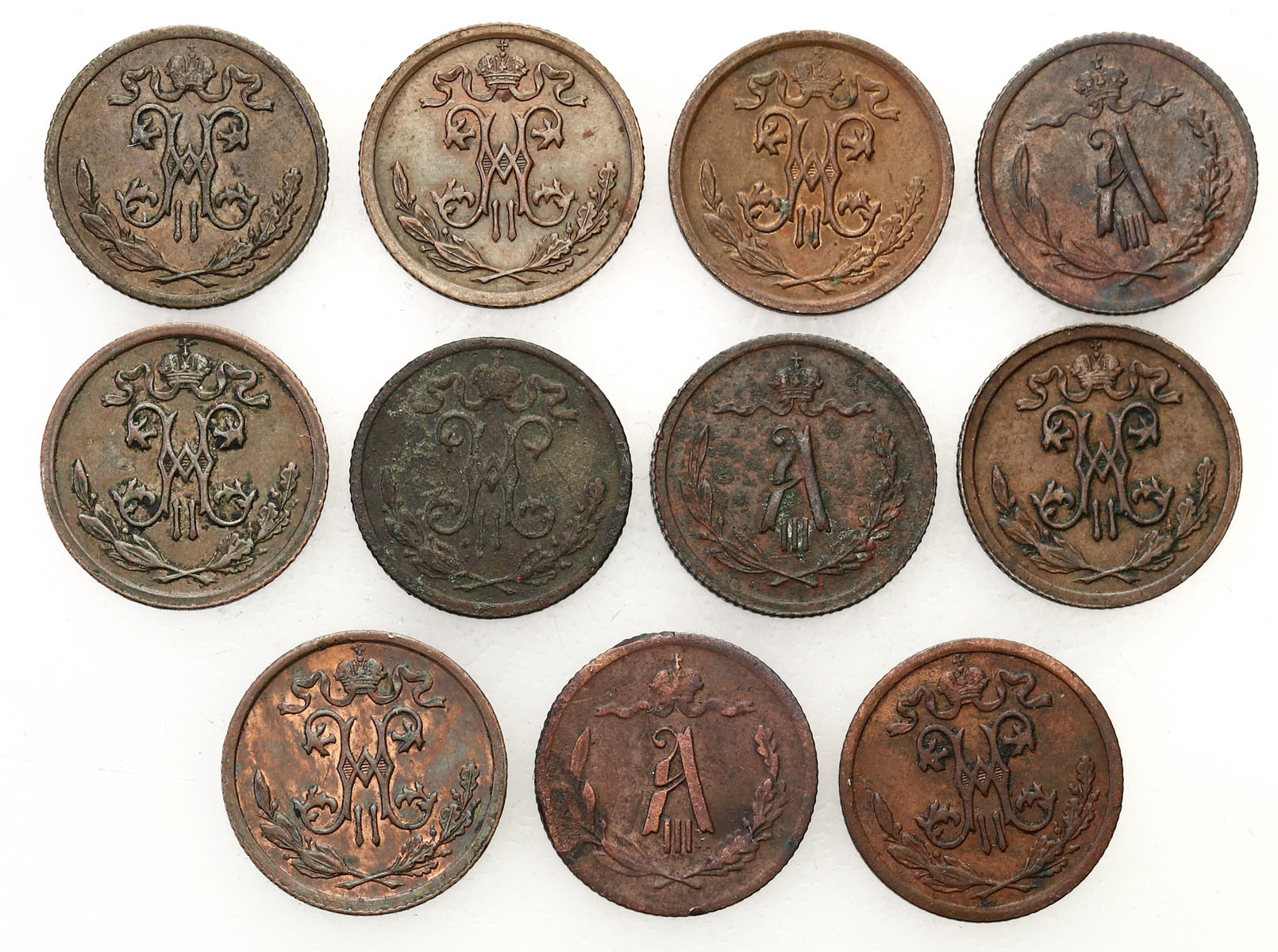 Rosja, Aleksander III, Mikołaj II. 1/2 kopiejki 1893-1912, zestaw 11 monet
